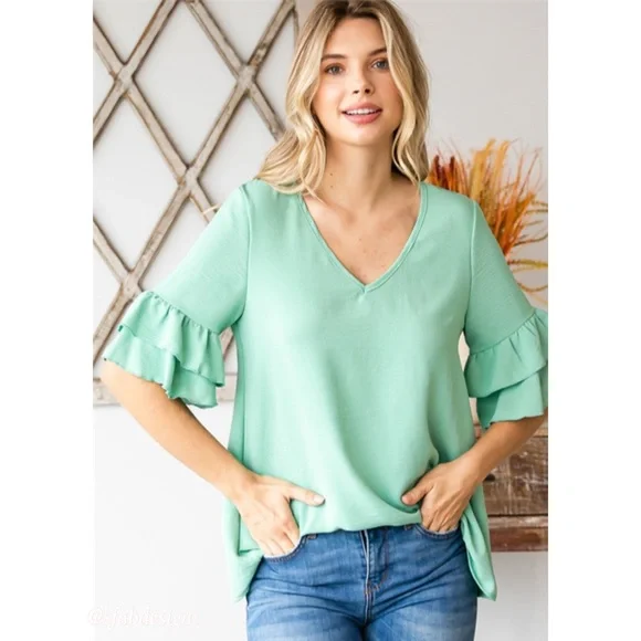 LAST 1! V Neck Stunning Double Ruffle Sleeve Mint Top! - Picture 1 of 6
